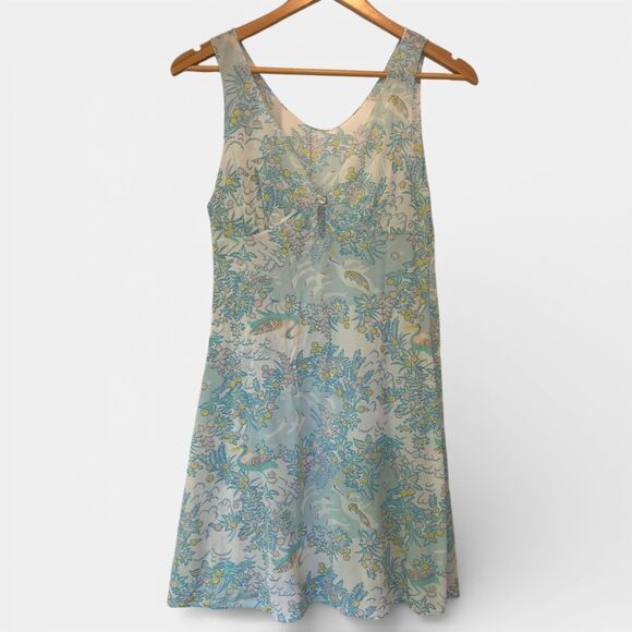 VTG Mistee Nylon Mini Slip Sheer Dress Crane Pattern Psychedelic Fairy Whimsy